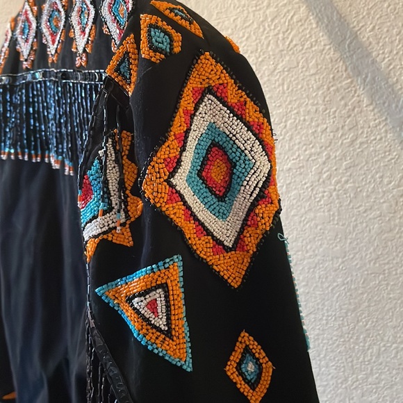 Vintage Southwest Native inspired western beaded fringe jacket black turquoise - Picture 7 of 13